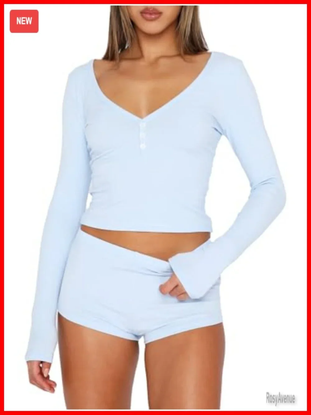 2 Piece Ribbed Knit Pajama Set Button Long Sleeve Crop Top and Shorts Lounge Set